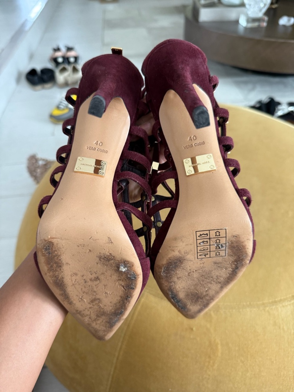 Michael Kors Burgundy Suede Cage Pointed-Toe Heels with Gold Accents - Picture 4 of 7